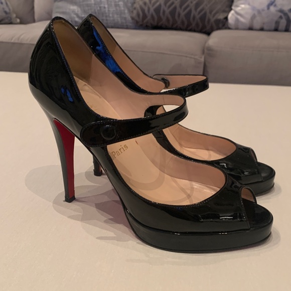 Christian Louboutin black patent open toe pumps - Picture 1 of 8